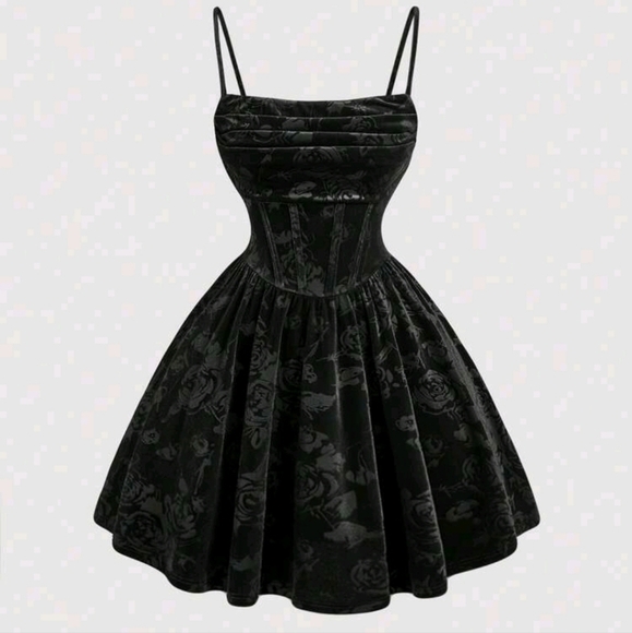 Spaghetti Strap Ruched Front Waist Flared Hem Velvet Black Dress - Picture 1 of 4